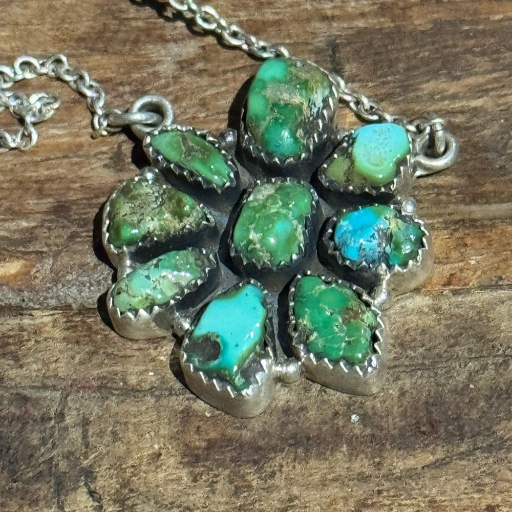 Sonoran Turquoise and sterling Silver Floral/flower Pendant Necklace